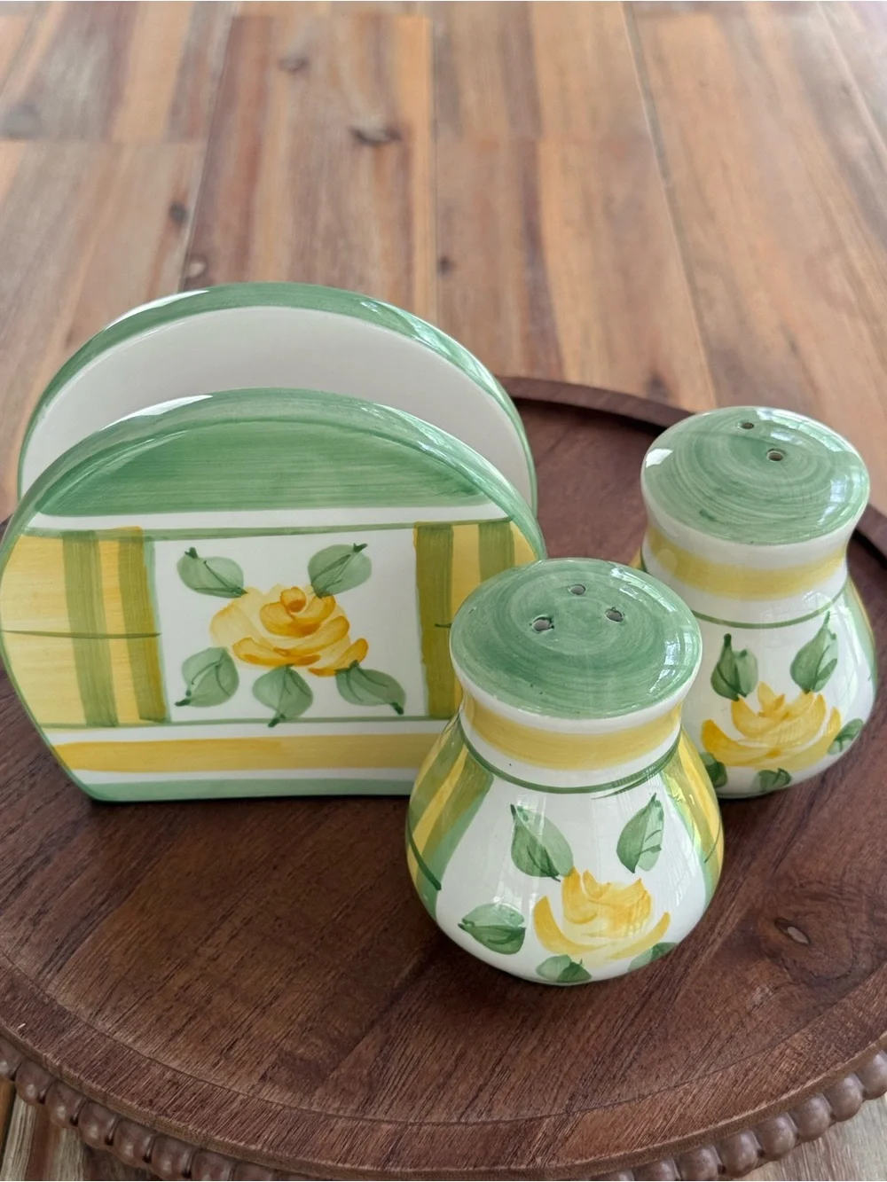 Royal Norfolk Yellow Rose Green Ceramic Napkin Holder, Salt Pepper Shakers